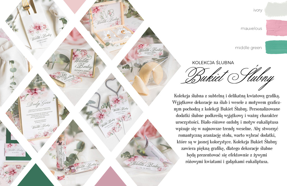 Piękne dekoracje ślubne z kwiatowym motywem. Personalizowane dodatki w modnej kolorystyce..